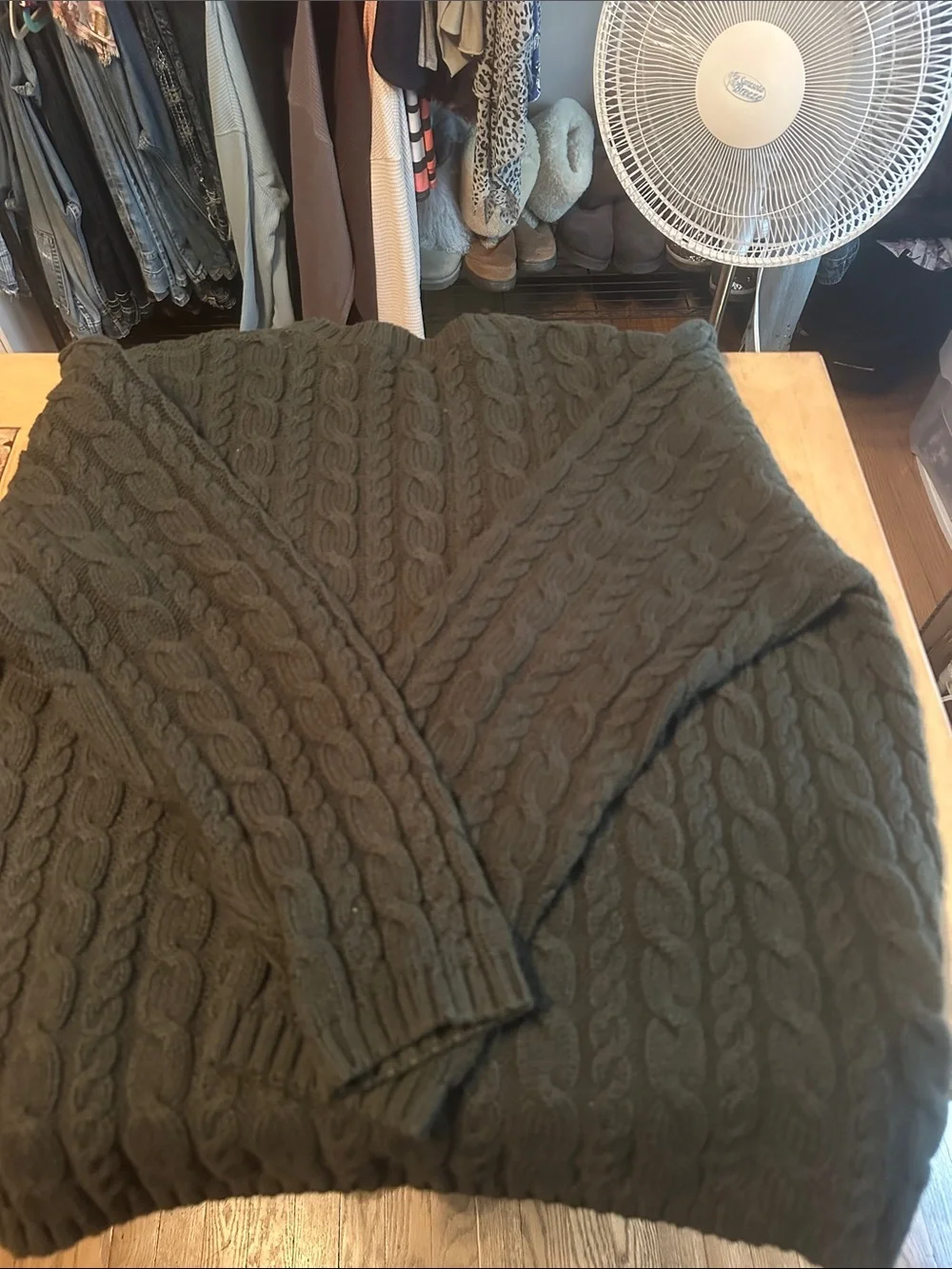 Eddie Bauer Olive Green Cable Knit Crewneck Sweater
